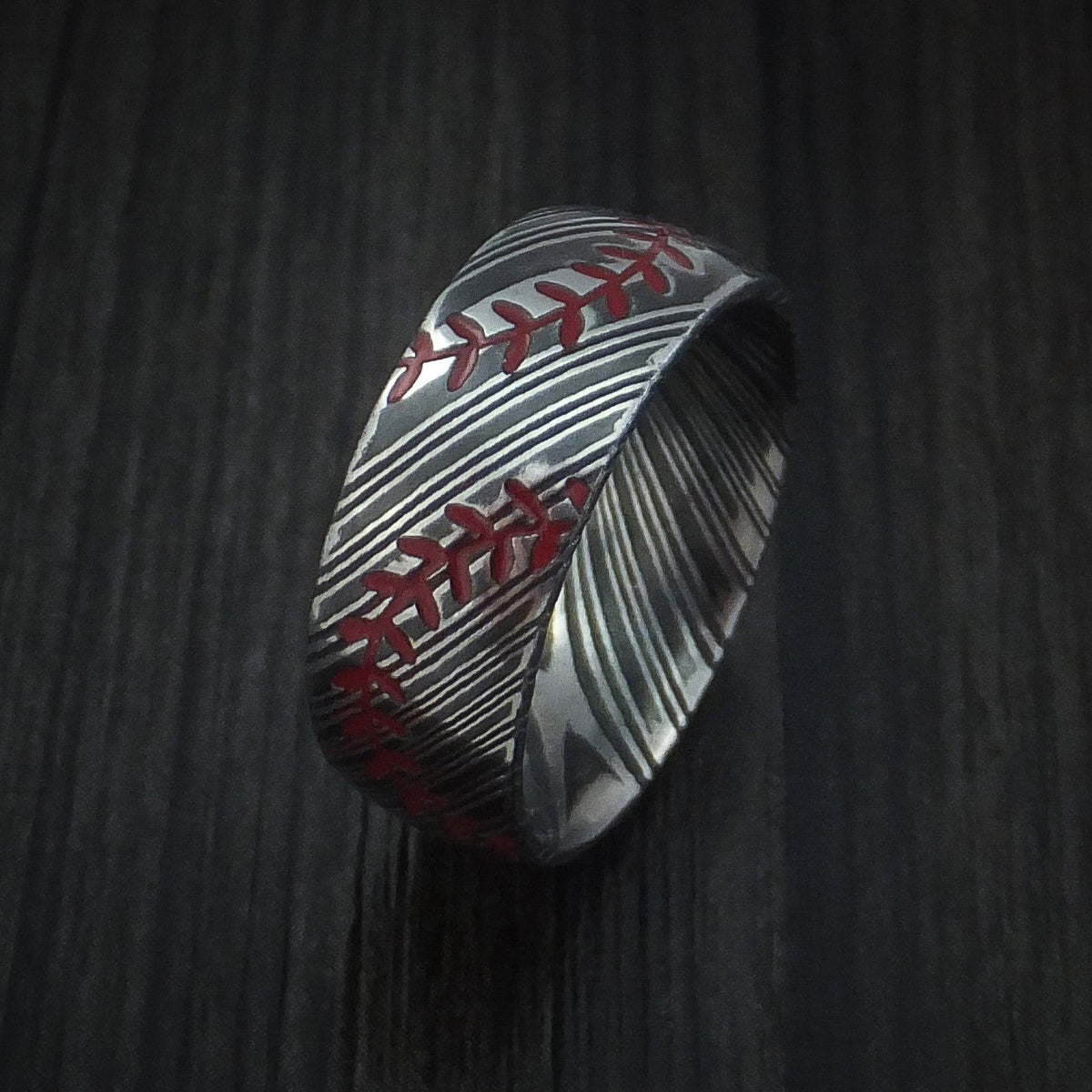 Summit XI - Woodgrain Kuro Damascus Steel Baseball Men's Wedding Ring with Double Stitching Acid Finish - view 4 - Nura Lab