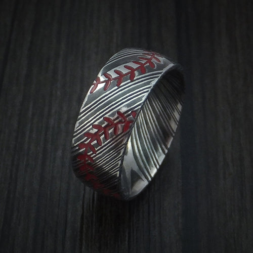 Summit XI - Woodgrain Kuro Damascus Steel Baseball Men's Wedding Ring with Double Stitching Acid Finish - view 4 - Nura Lab