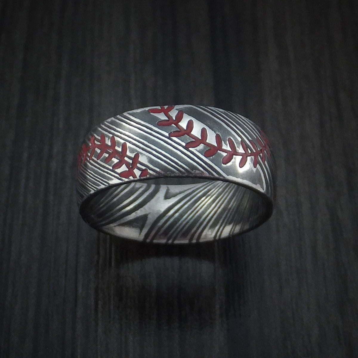 Summit XI - Woodgrain Kuro Damascus Steel Baseball Men's Wedding Ring with Double Stitching Acid Finish - view 2 - Nura Lab