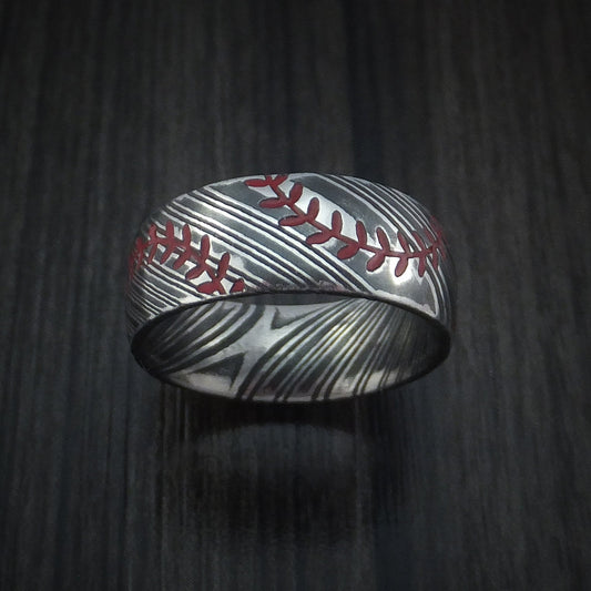 Summit XI - Woodgrain Kuro Damascus Steel Baseball Men's Wedding Ring with Double Stitching Acid Finish - view 2 - Nura Lab