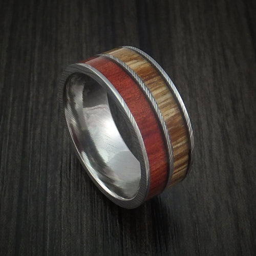 Achilles XI - Damascus Steel Men's Wedding Ring with Teak and Red Heart Hardwood Inlays Band - Nura Lab