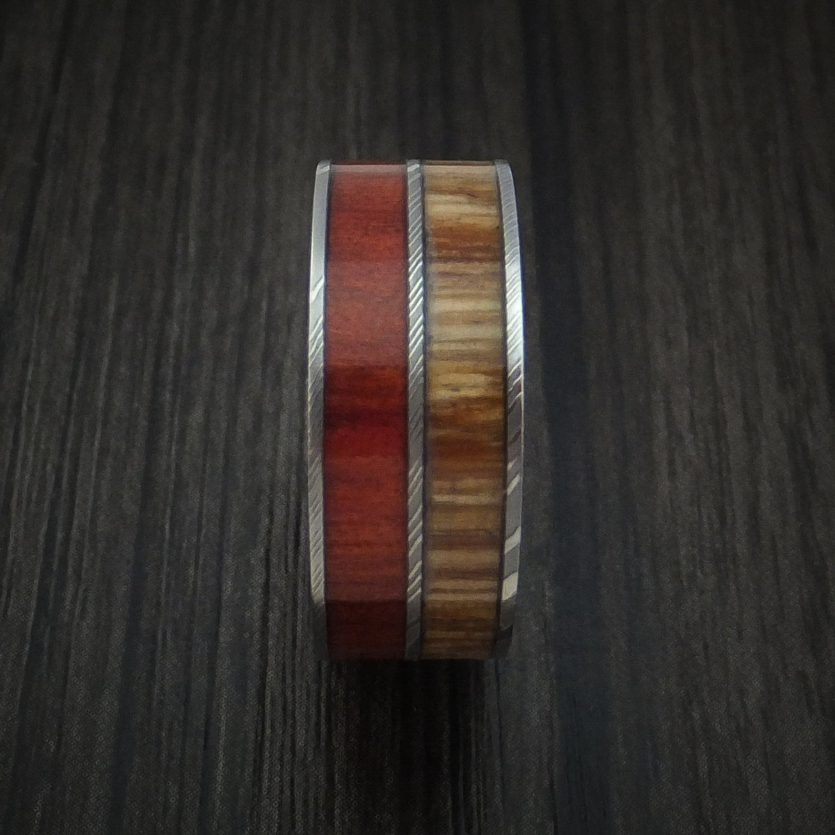 Achilles XI - Damascus Steel Men's Wedding Ring with Teak and Red Heart Hardwood Inlays Band - view 3 - Nura Lab