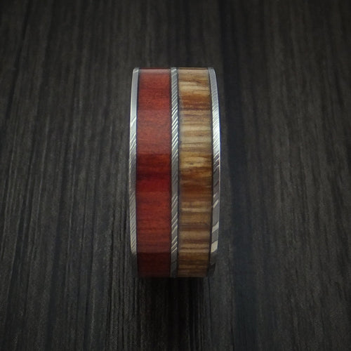 Achilles XI - Damascus Steel Men's Wedding Ring with Teak and Red Heart Hardwood Inlays Band - view 3 - Nura Lab