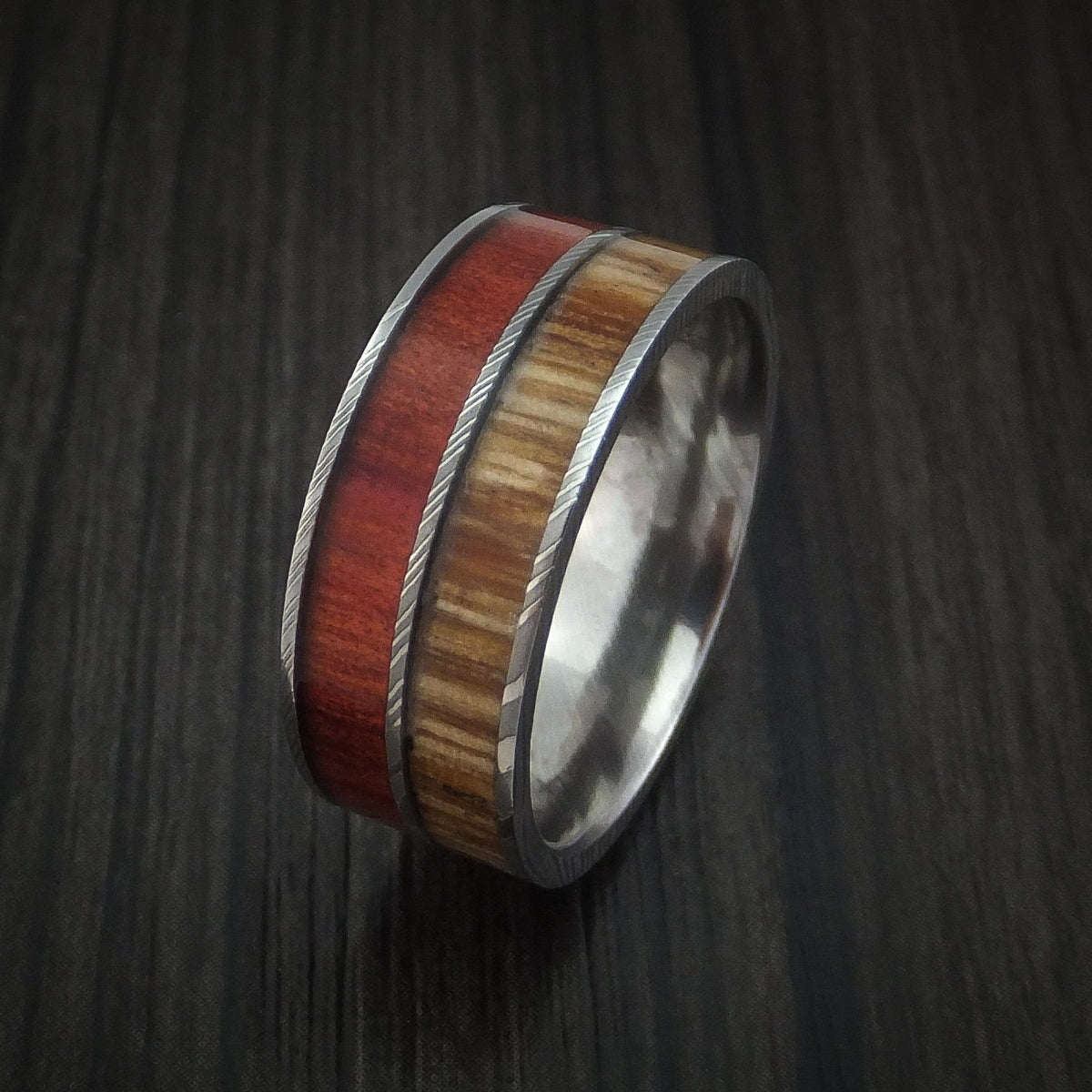 Achilles XI - Damascus Steel Men's Wedding Ring with Teak and Red Heart Hardwood Inlays Band - view 4 - Nura Lab