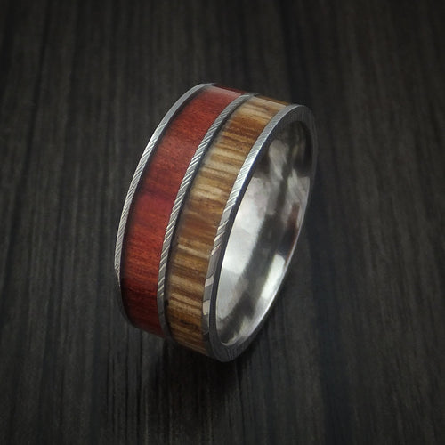 Achilles XI - Damascus Steel Men's Wedding Ring with Teak and Red Heart Hardwood Inlays Band - view 4 - Nura Lab