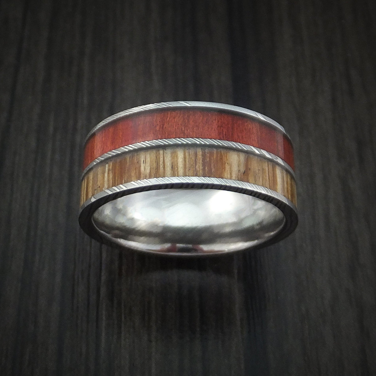 Achilles XI - Damascus Steel Men's Wedding Ring with Teak and Red Heart Hardwood Inlays Band - view 2 - Nura Lab