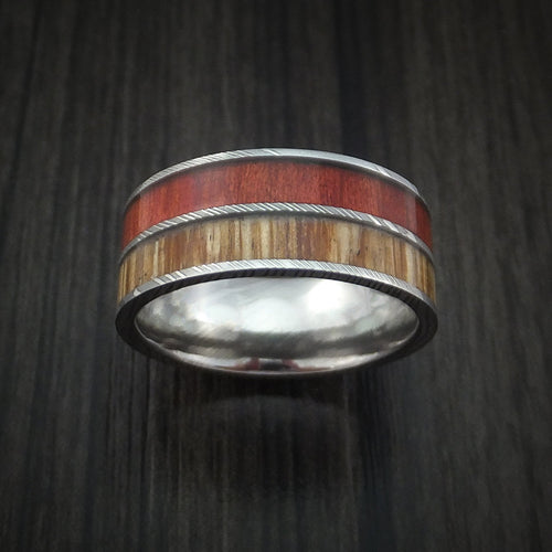 Achilles XI - Damascus Steel Men's Wedding Ring with Teak and Red Heart Hardwood Inlays Band - view 2 - Nura Lab