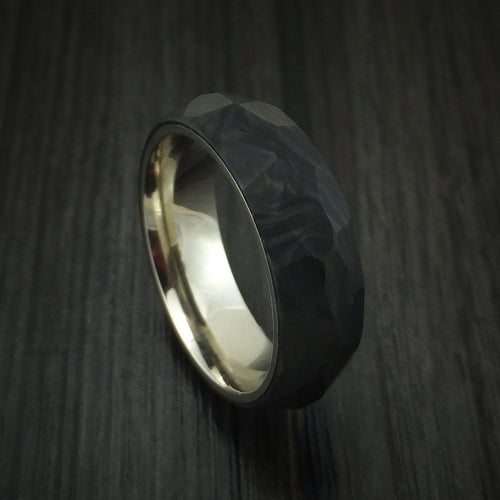 Valorant XIV - Solid Forged Carbon Fiber Faceted Men's Wedding Ring with 14K White Gold Sleeve - Nura Lab