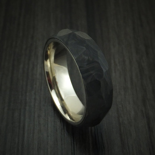 Valorant XIV - Solid Forged Carbon Fiber Faceted Men's Wedding Ring with 14K White Gold Sleeve - Nura Lab