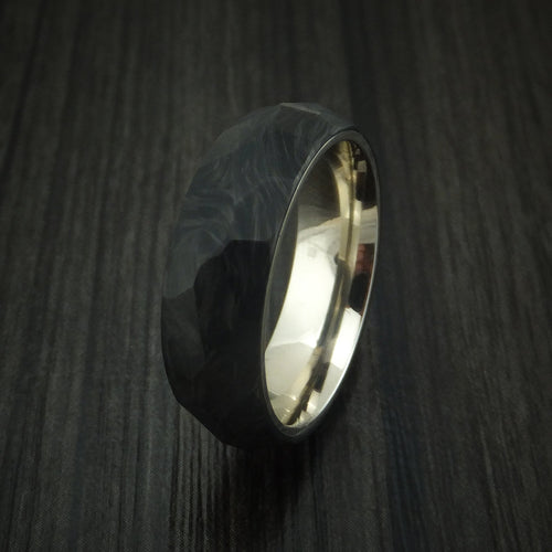 Valorant XIV - Solid Forged Carbon Fiber Faceted Men's Wedding Ring with 14K White Gold Sleeve - view 4 - Nura Lab