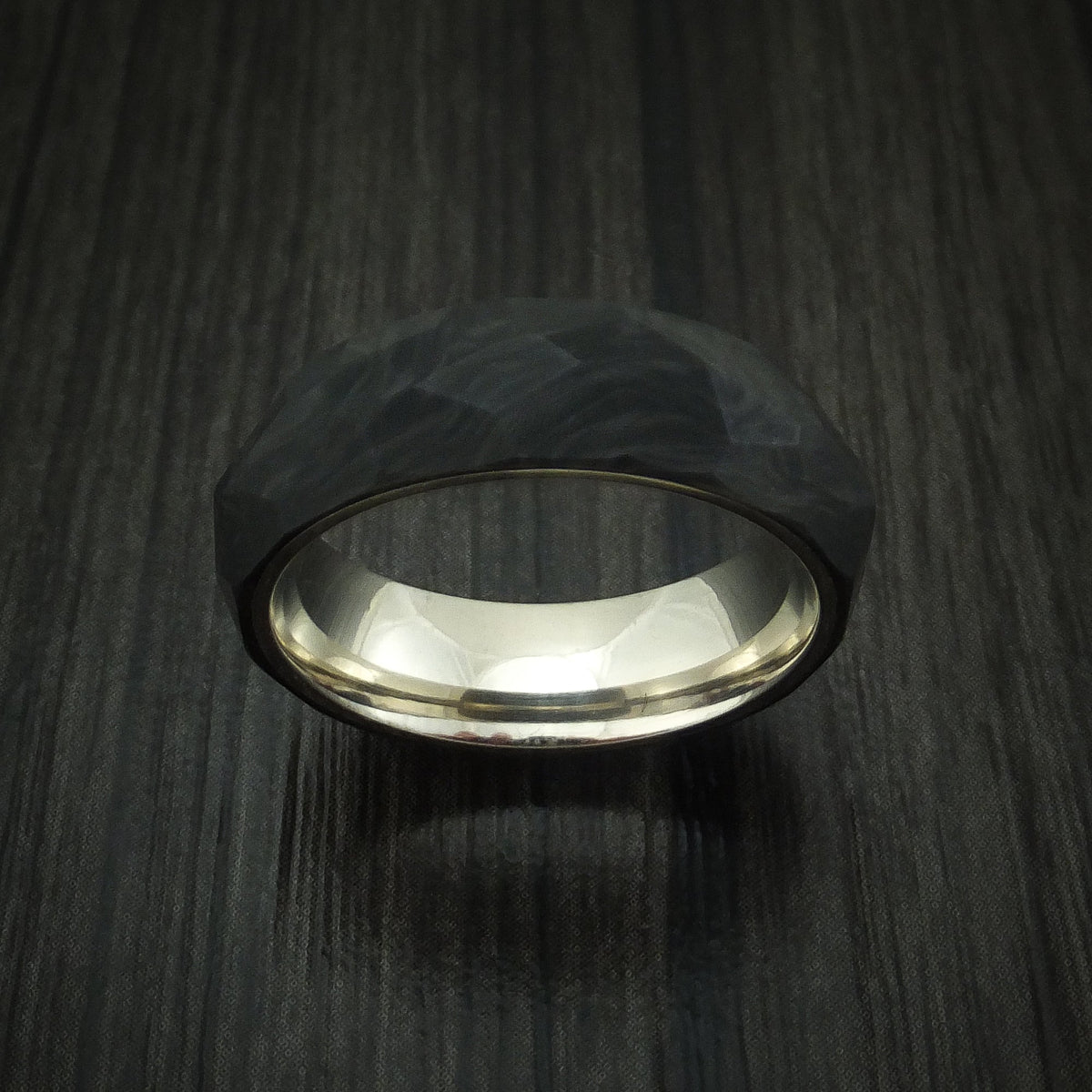 Valorant XIV - Solid Forged Carbon Fiber Faceted Men's Wedding Ring with 14K White Gold Sleeve - view 2 - Nura Lab