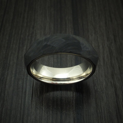 Valorant XIV - Solid Forged Carbon Fiber Faceted Men's Wedding Ring with 14K White Gold Sleeve - view 2 - Nura Lab