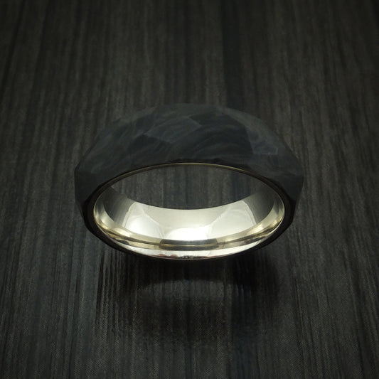 Valorant XIV - Solid Forged Carbon Fiber Faceted Men's Wedding Ring with 14K White Gold Sleeve - view 2 - Nura Lab
