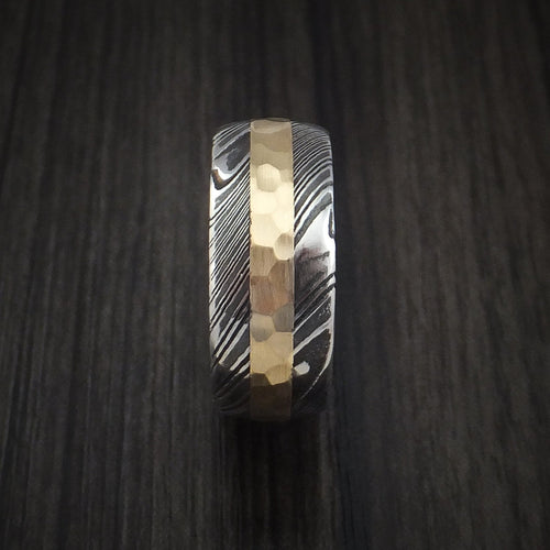 Oak X - Woodgrain Kuro Damascus Steel and Hammered 14k Yellow Gold Men's Wedding Ring - view 3 - Nura Lab