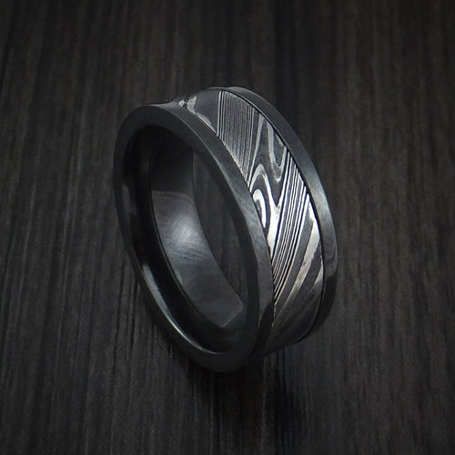 Evernorth VIII - Black Zirconium and Woodgrain Kuro Damascus Steel Band Men's Wedding Ring - Nura Lab