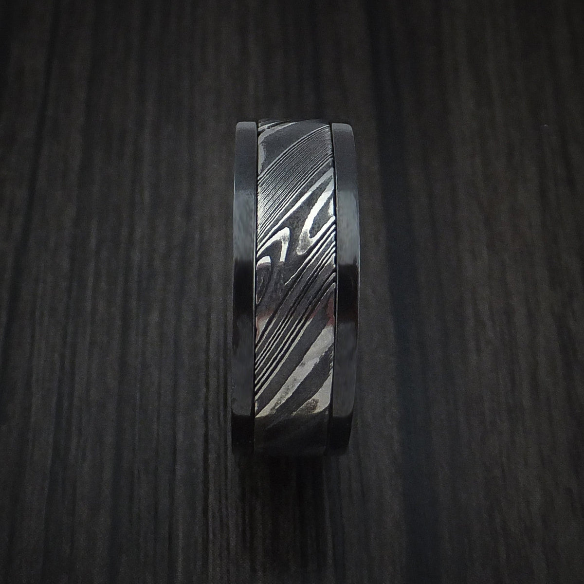 Evernorth VIII - Black Zirconium and Woodgrain Kuro Damascus Steel Band Men's Wedding Ring - view 3 - Nura Lab