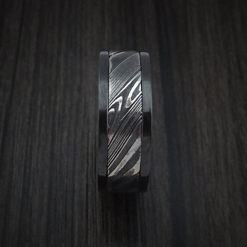 Evernorth VIII - Black Zirconium and Woodgrain Kuro Damascus Steel Band Men's Wedding Ring - view 3 - Nura Lab