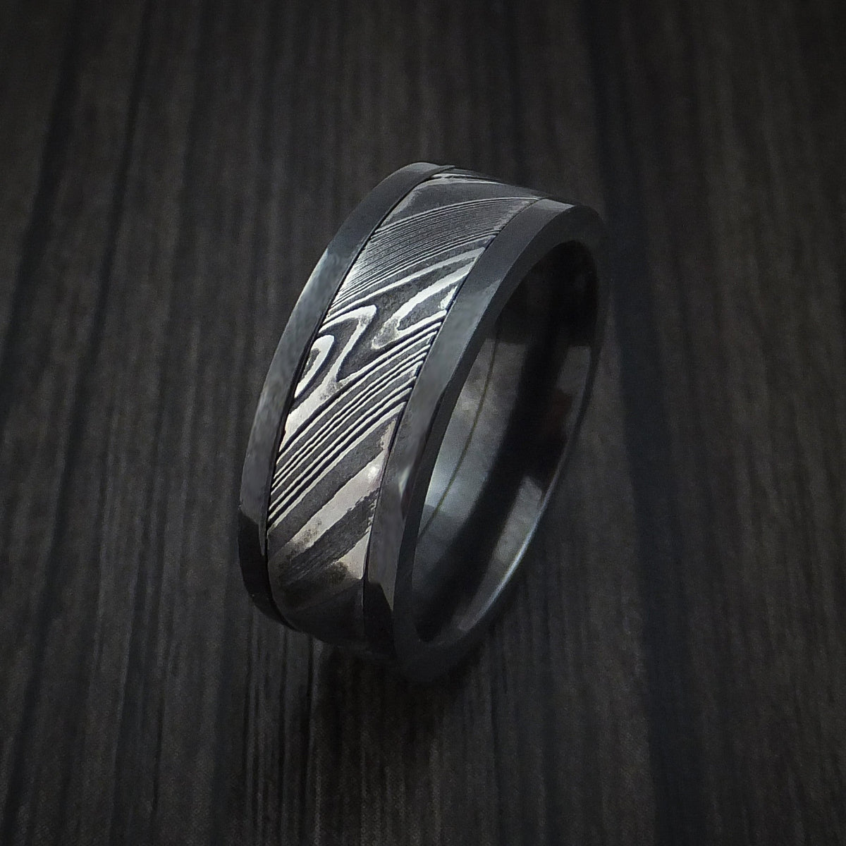 Evernorth VIII - Black Zirconium and Woodgrain Kuro Damascus Steel Band Men's Wedding Ring - view 4 - Nura Lab