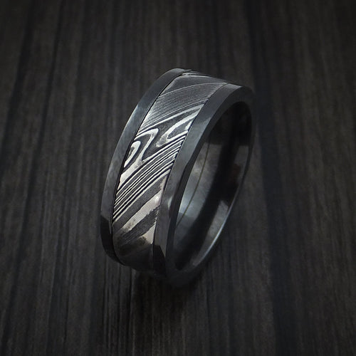 Evernorth VIII - Black Zirconium and Woodgrain Kuro Damascus Steel Band Men's Wedding Ring - view 4 - Nura Lab
