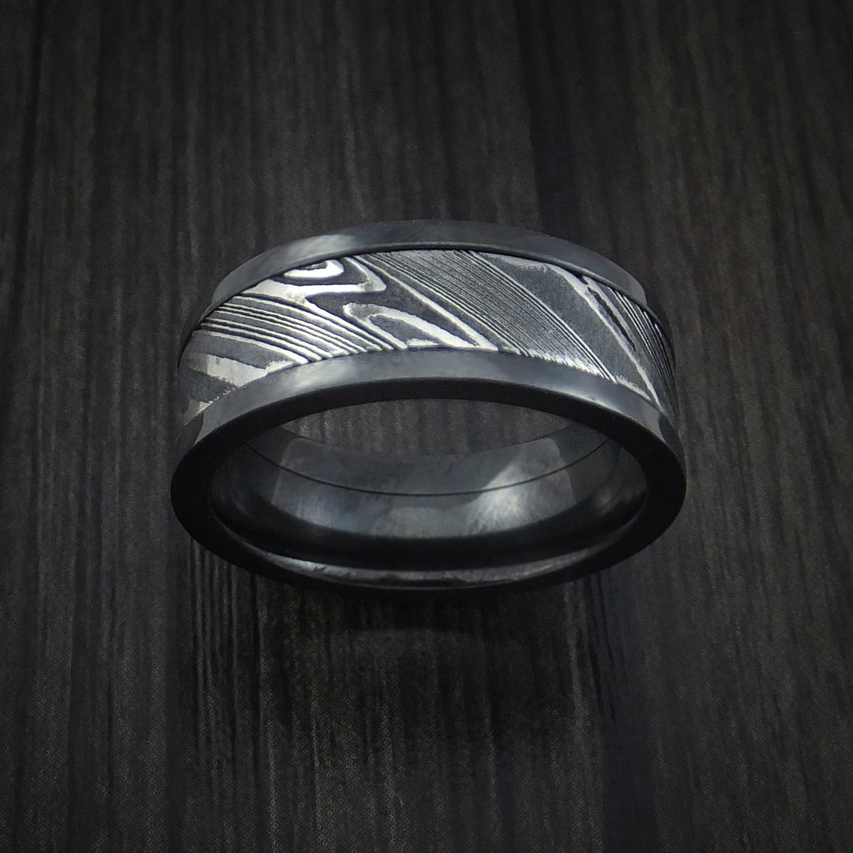 Evernorth VIII - Black Zirconium and Woodgrain Kuro Damascus Steel Band Men's Wedding Ring - view 2 - Nura Lab