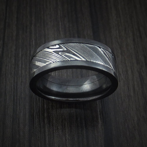 Evernorth VIII - Black Zirconium and Woodgrain Kuro Damascus Steel Band Men's Wedding Ring - view 2 - Nura Lab
