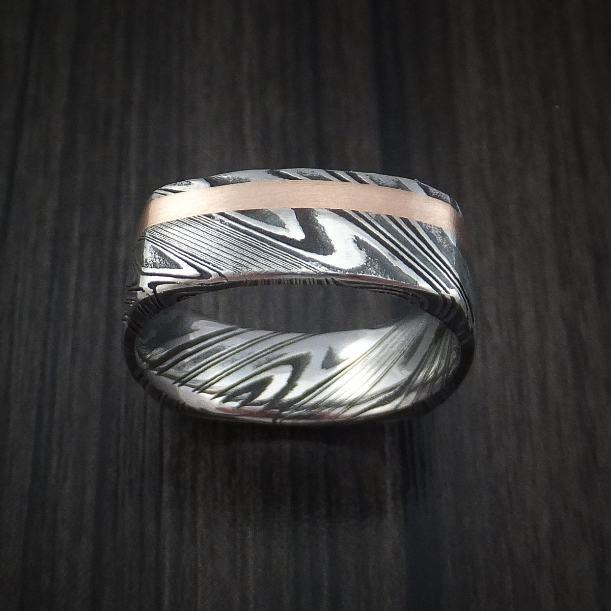 Rimu XI - Woodgrain Kuro Damascus Steel Square Men's Wedding Ring with 14k Rose Gold Inlay Band - view 3 - Nura Lab