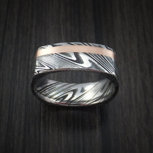 Rimu XI - Woodgrain Kuro Damascus Steel Square Men's Wedding Ring with 14k Rose Gold Inlay Band - view 3 - Nura Lab