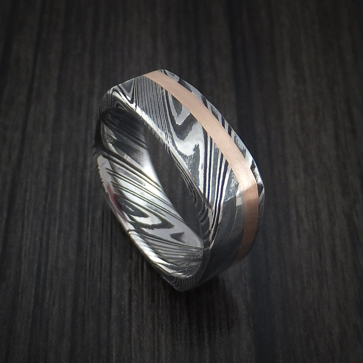 Rimu XI - Woodgrain Kuro Damascus Steel Square Men's Wedding Ring with 14k Rose Gold Inlay Band - view 2 - Nura Lab