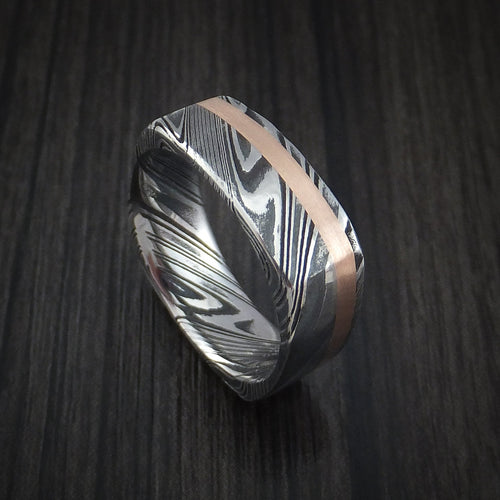 Rimu XI - Woodgrain Kuro Damascus Steel Square Men's Wedding Ring with 14k Rose Gold Inlay Band - view 2 - Nura Lab