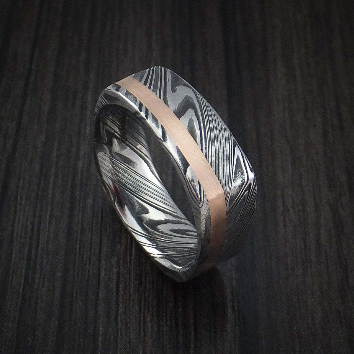 Rimu XI - Woodgrain Kuro Damascus Steel Square Men's Wedding Ring with 14k Rose Gold Inlay Band - Nura Lab
