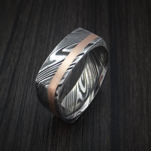 Rimu XI - Woodgrain Kuro Damascus Steel Square Men's Wedding Ring with 14k Rose Gold Inlay Band - view 4 - Nura Lab