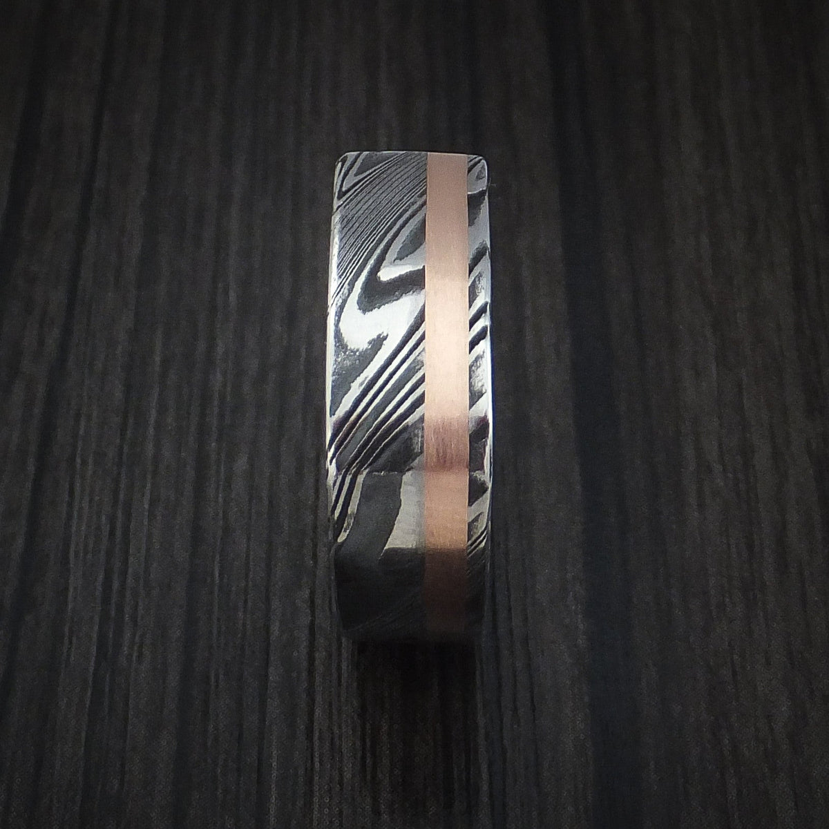 Rimu XI - Woodgrain Kuro Damascus Steel Square Men's Wedding Ring with 14k Rose Gold Inlay Band - view 5 - Nura Lab