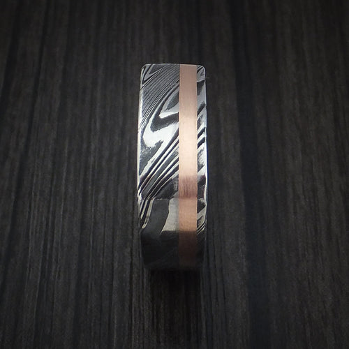 Rimu XI - Woodgrain Kuro Damascus Steel Square Men's Wedding Ring with 14k Rose Gold Inlay Band - view 5 - Nura Lab
