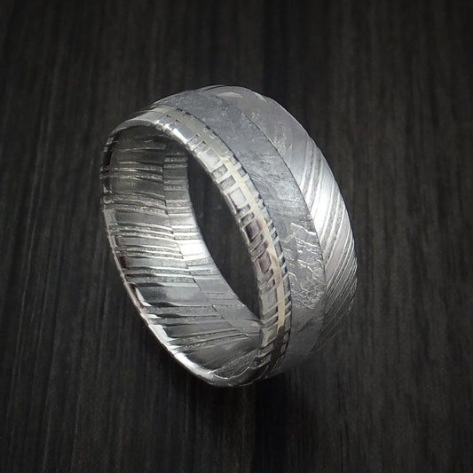 Waitakere IX - Woodgrain Kuro Damascus Steel Men's Ring and Gibeon Meteorite with 14k White Gold Wedding Ring - Nura Lab