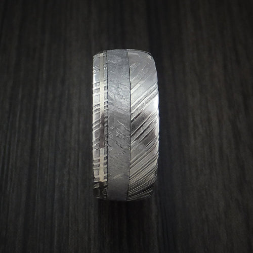 Waitakere IX - Woodgrain Kuro Damascus Steel Men's Ring and Gibeon Meteorite with 14k White Gold Wedding Ring - view 3 - Nura Lab