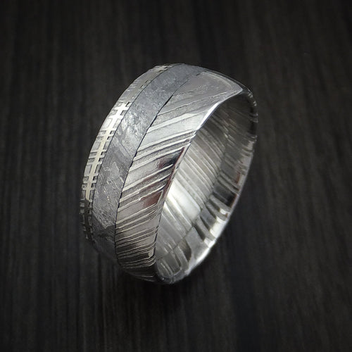 Waitakere IX - Woodgrain Kuro Damascus Steel Men's Ring and Gibeon Meteorite with 14k White Gold Wedding Ring - view 4 - Nura Lab