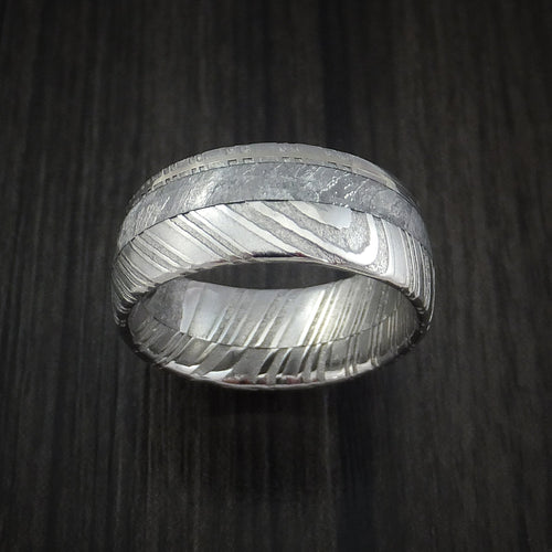 Waitakere IX - Woodgrain Kuro Damascus Steel Men's Ring and Gibeon Meteorite with 14k White Gold Wedding Ring - view 2 - Nura Lab