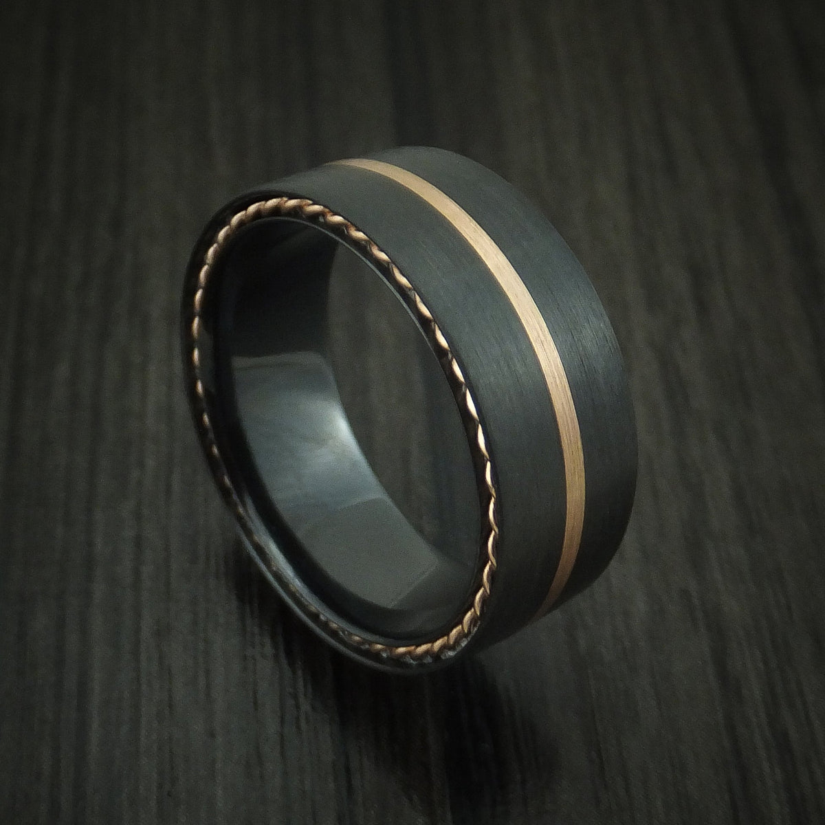 Dominion XVIII - Black Zirconium Men's Wedding Ring with Gold Inlay and Side Braids Band - Nura Lab
