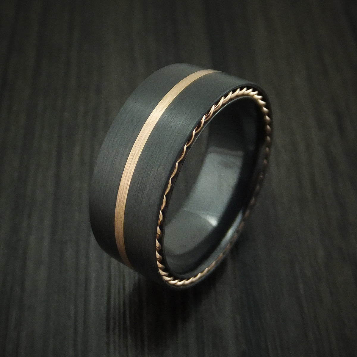 Dominion XVIII - Black Zirconium Men's Wedding Ring with Gold Inlay and Side Braids Band - view 5 - Nura Lab