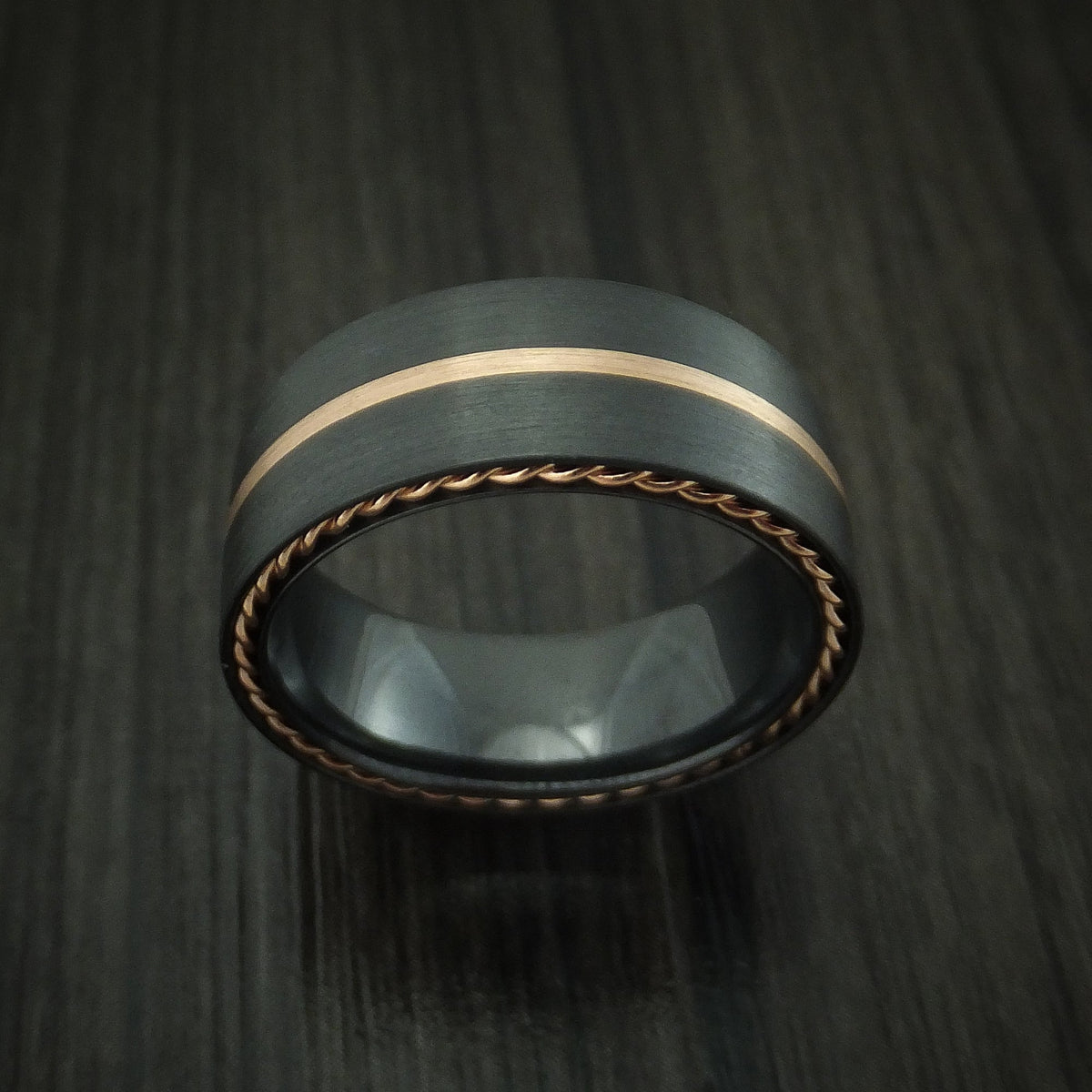 Dominion XVIII - Black Zirconium Men's Wedding Ring with Gold Inlay and Side Braids Band - view 2 - Nura Lab