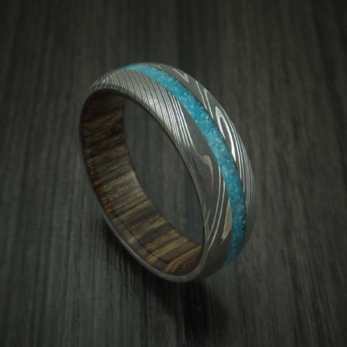 Orion IX - Damascus Steel and Turquoise Band with Wood Sleeve Men's Wedding Ring - Nura Lab