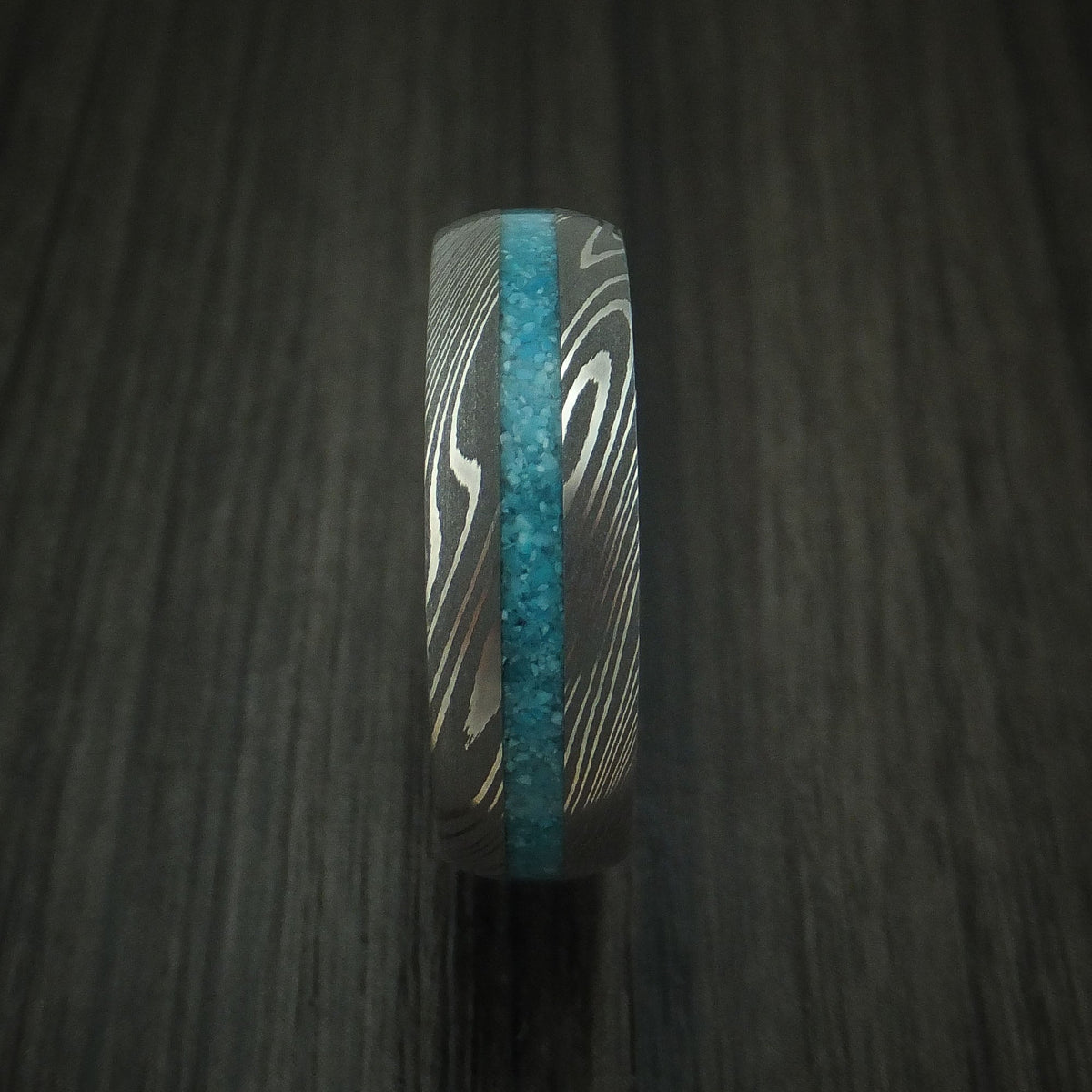 Orion IX - Damascus Steel and Turquoise Band with Wood Sleeve Men's Wedding Ring - view 3 - Nura Lab