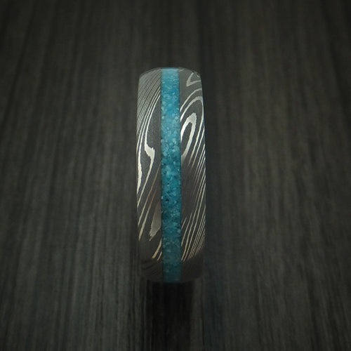 Orion IX - Damascus Steel and Turquoise Band with Wood Sleeve Men's Wedding Ring - view 3 - Nura Lab