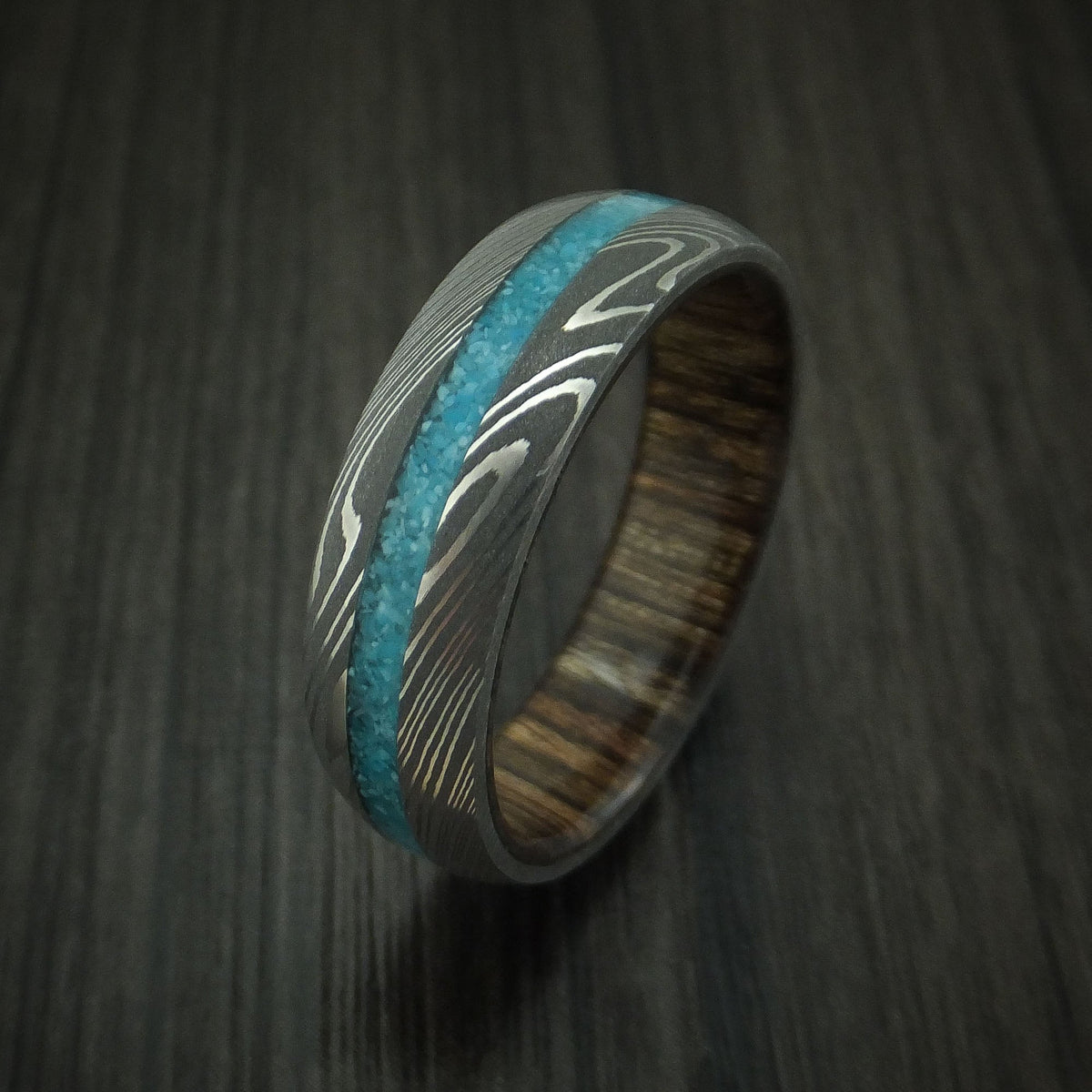 Orion IX - Damascus Steel and Turquoise Band with Wood Sleeve Men's Wedding Ring - view 4 - Nura Lab