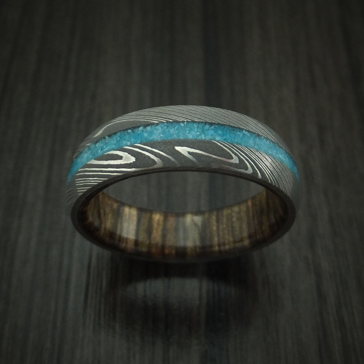 Orion IX - Damascus Steel and Turquoise Band with Wood Sleeve Men's Wedding Ring - view 2 - Nura Lab