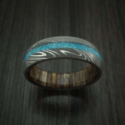 Orion IX - Damascus Steel and Turquoise Band with Wood Sleeve Men's Wedding Ring - view 2 - Nura Lab