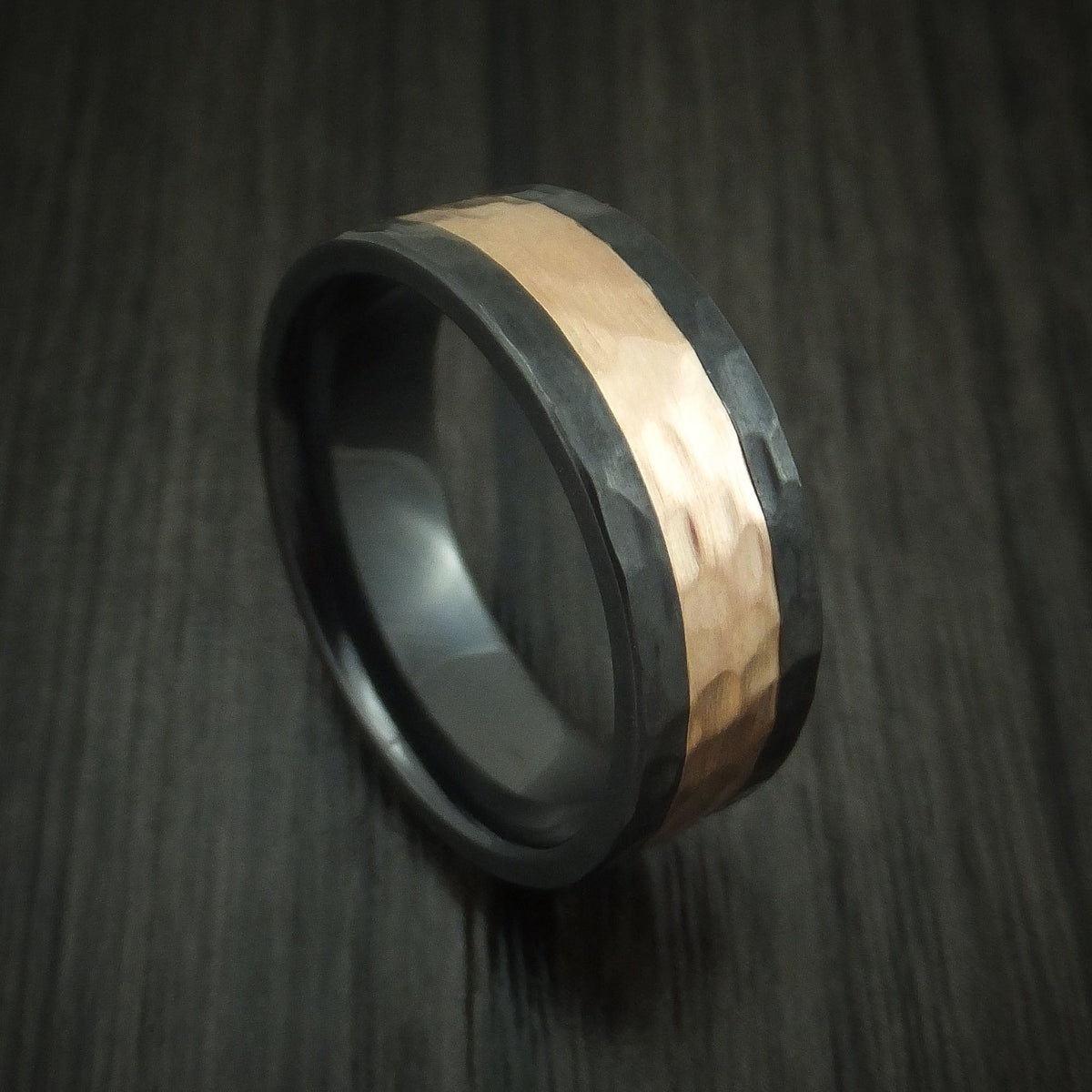 Summit XVIII - Black Zirconium and Rose Gold Hammered Band Men's Wedding Ring - Nura Lab