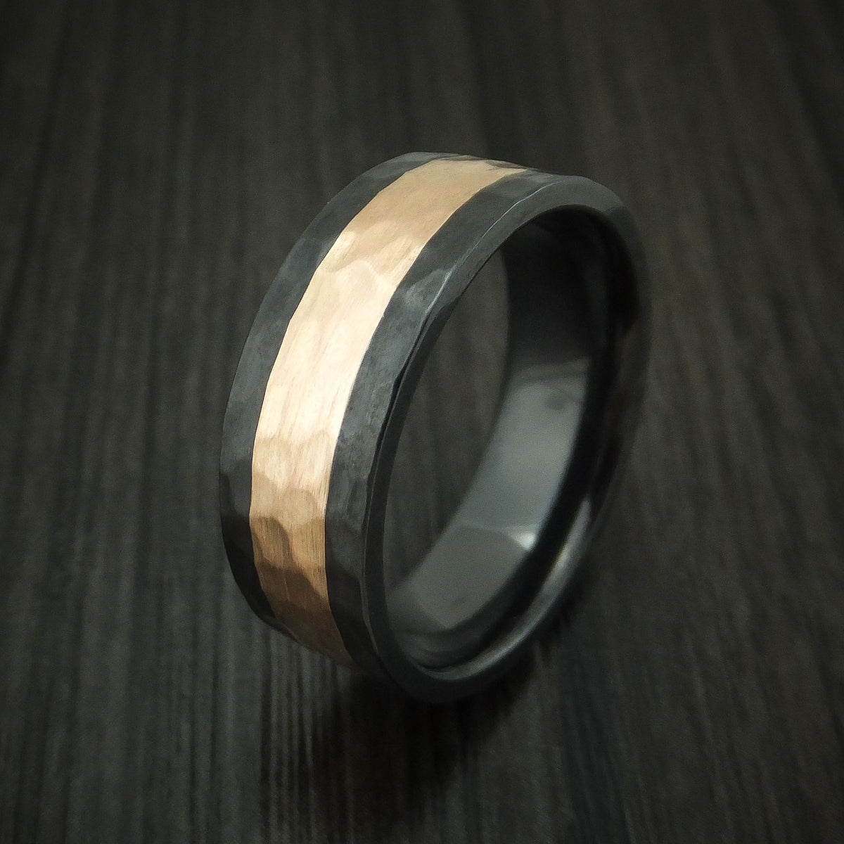 Summit XVIII - Black Zirconium and Rose Gold Hammered Band Men's Wedding Ring - view 4 - Nura Lab