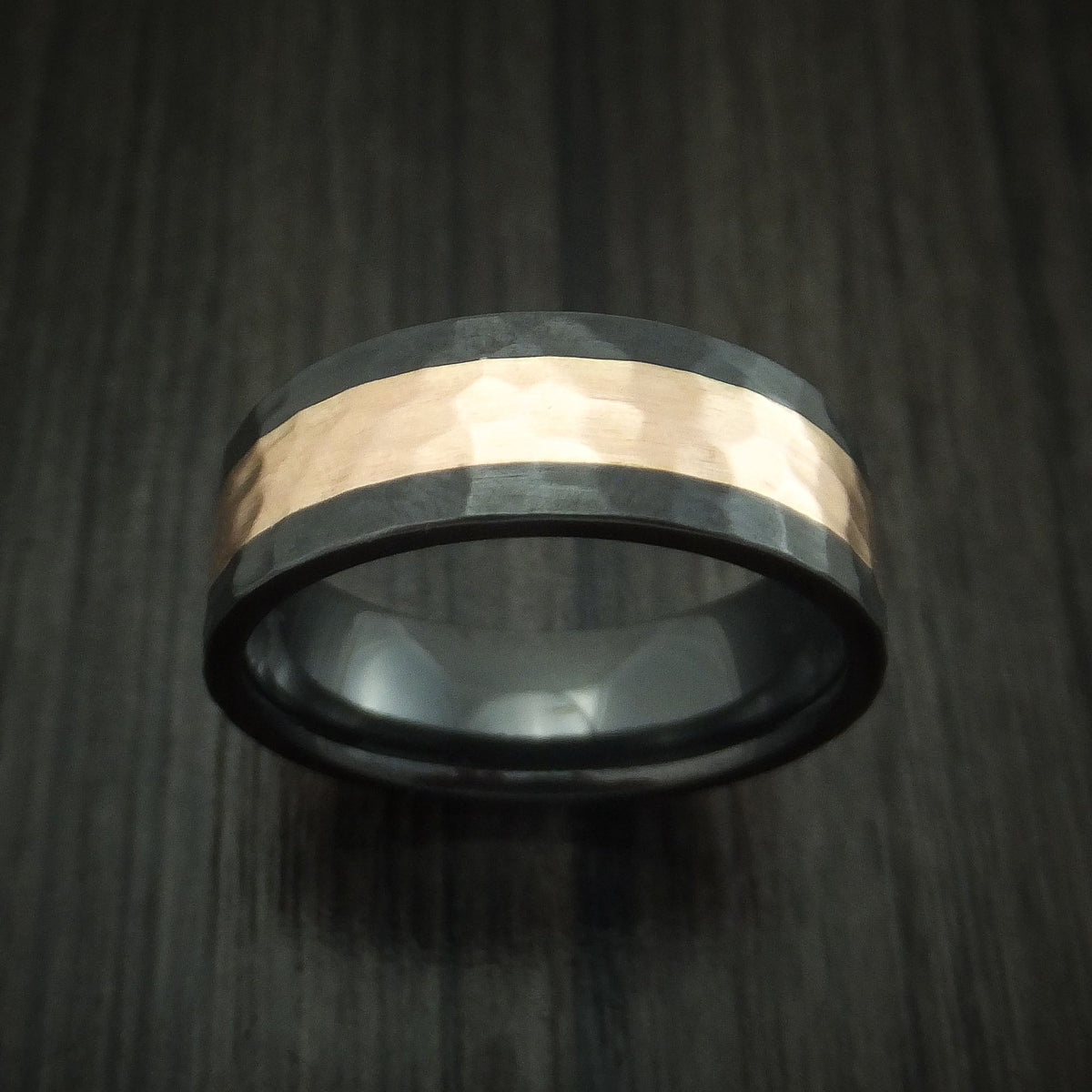 Summit XVIII - Black Zirconium and Rose Gold Hammered Band Men's Wedding Ring - view 2 - Nura Lab