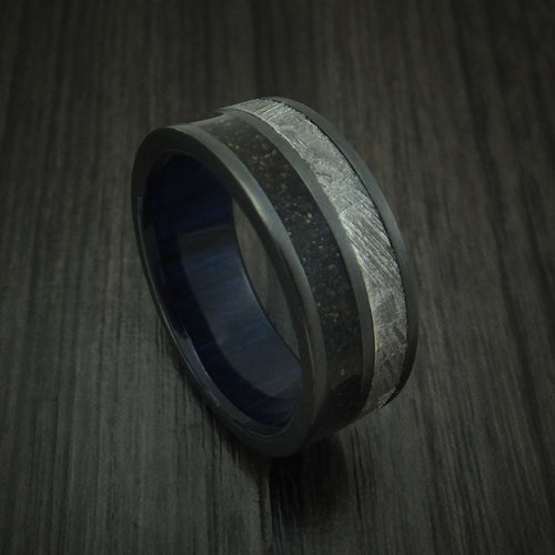 Duke XII - Black Zirconium Dinosaur Bone and Gibeon Meteorite Men's Wedding Ring with Wood Sleeve Fossil Band - Nura Lab
